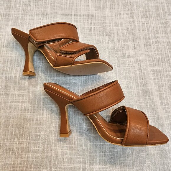 NWOT PUBLIC DESIRE Tan Velcro Double Strap Square Toe Heeled Kora Mules size 4 - Picture 4 of 10